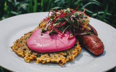 Sausage With Potato Pancakes And Beet Crème Fraiche
